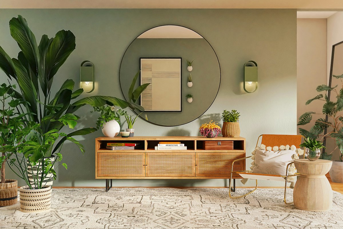 Wooden dining chairs beside a sideboard, plants and a round wall mirror
