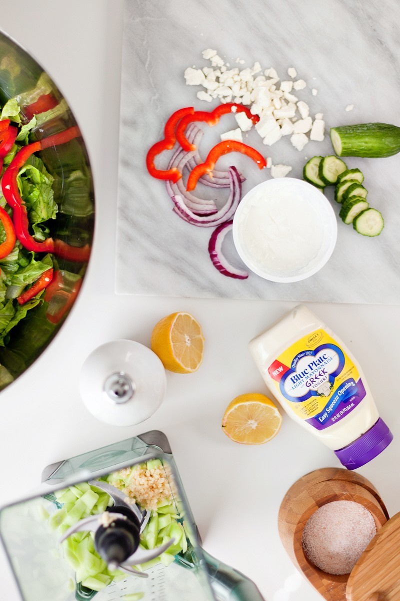 Greek Salad with Tzatziki Dressing and Chicken, a delicious and refreshing recipe!