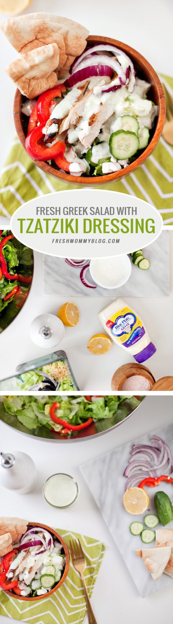 Greek Salad with Tzatziki Dressing and Chicken, a delicious and refreshing recipe from Tabitha Blue of freshmommy-blog.com with Blue Plate Mayo!