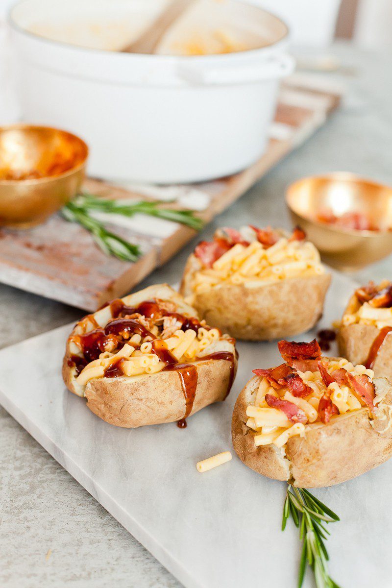 Mac and Cheese Stuffed Baked Potato. Top with BBQ chicken or bacon for a delicious twist on a classic meal.
