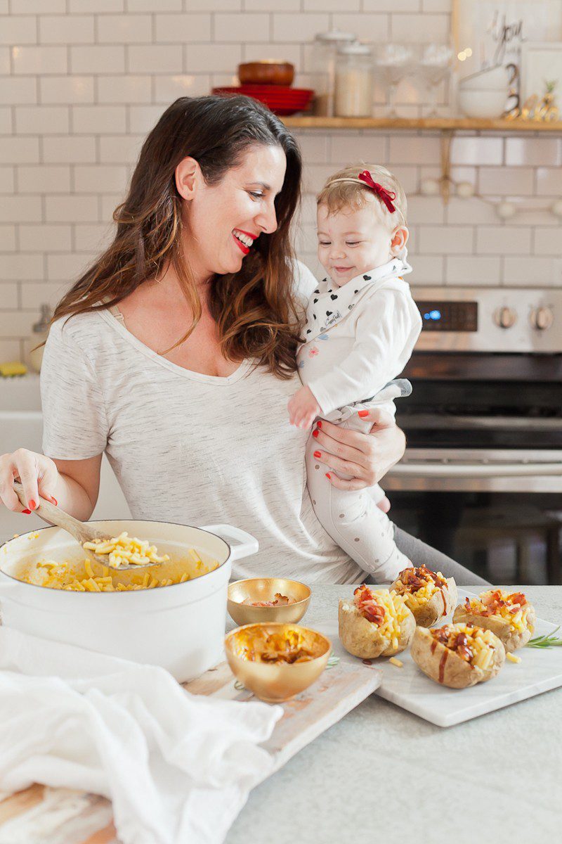 Mac and Cheese Stuffed Baked Potato. Top with BBQ chicken or bacon for a delicious twist on a classic meal.