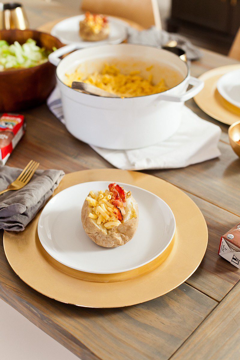 Mac and Cheese in Baked Potato Bowls. Top with BBQ chicken or bacon for a delicious twist on a classic meal.