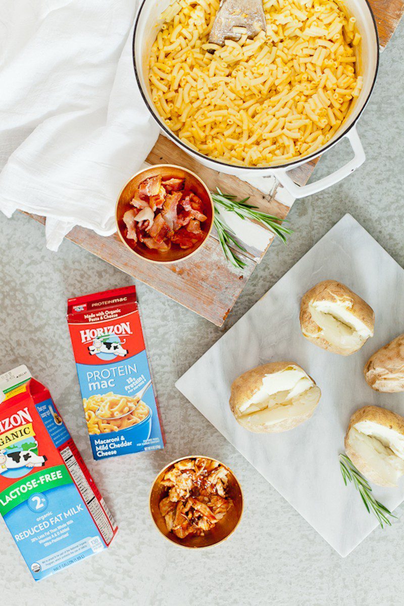 Mac and Cheese Stuffed Baked Potato. Top with BBQ chicken or bacon for a delicious twist on a classic meal.