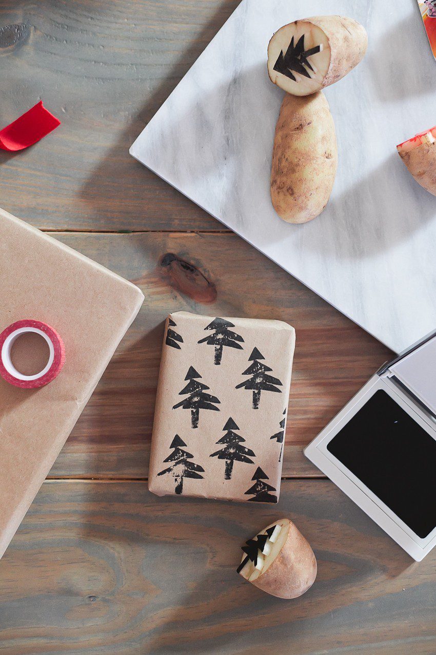 Save time and money with this easy and simple Christmas gift wrap hack! Gift wrapping ideas you can't miss, like using a potato to stamp your customized design.  | Easy and simple Christmas gift wrapping ideas featured by top Florida life and style blog, Fresh Mommy Blog