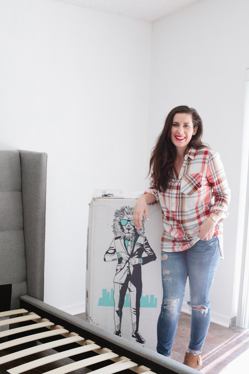 A home remodel, light and airy master bedroom makeover with a gray tufted headboard and a fun LULL mattress unboxing video too! Opening up a boxed mattress is easier than you think!