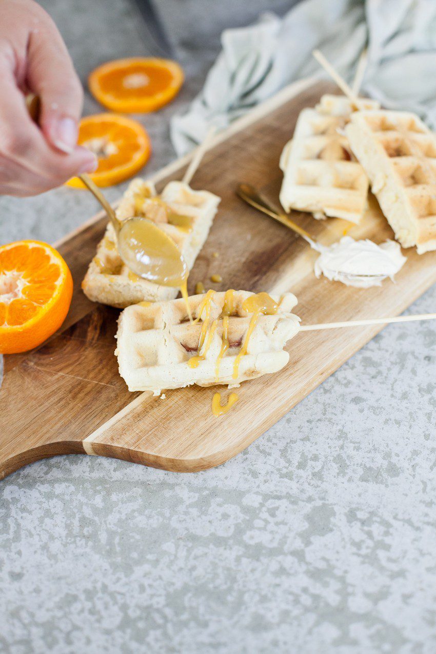 The quick and simple way to make Waffle Dog on a Stick with Orange Maple Glaze. Kids love it and so do adults! Perfect for a meal, a party or an appetizer!