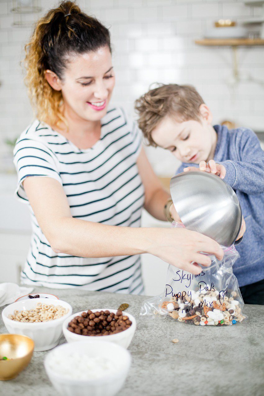 Kid Friendly Trail Mix Puppy Chow Activity and Snack! The kids will love this fun way to build and create their own trail mix, even on a rainy day!