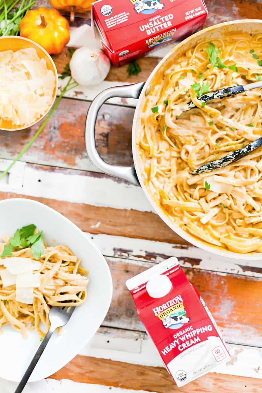 YUMMM is all I can say! I know why you're here: it starts with PUMPKIN… Pass on the BORING white alfredo and whip up this creamy pumpkin alfredo dish that's perfect fall dinner and easy enough for a weeknight meal!