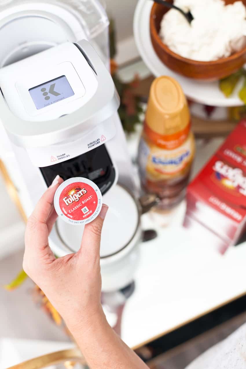 Easy at-home pumpkin pie spice latte recipe in this fall styled coffee bar cart and waffle brunch. 