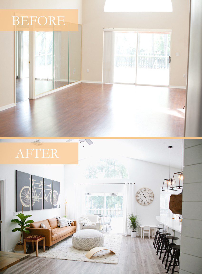 Seeing past dated paint colors, a wall of mirrors, popcorn ceiling and mismatched flooring, this ultimate living room has been completely transformed to a cozy and comfortable open family living space with bold statement pieces like our Article sofa, neutral colors and touches of sleek mid century and Scandinavian inspired design. The ultimate living room makeover before and after for a busy family from popular Florida lifestyle blogger Tabitha Blue of Fresh Mommy Blog. | Article sofa featured in the latest living room makeover by top Florida lifestyle blog, Fresh Mommy Blog | Article sofa featured in the latest living room makeover by top Florida lifestyle blog, Fresh Mommy Blog
