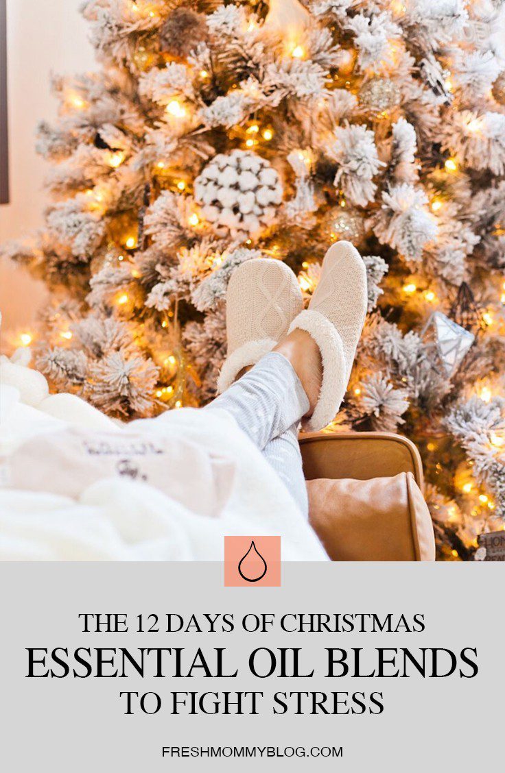12 Christmas Essential Oils to Fight Stress by popular Florida life and style blog, Fresh Mommy: image of a woman lounging on a couch in front of a flocked Christmas tree.