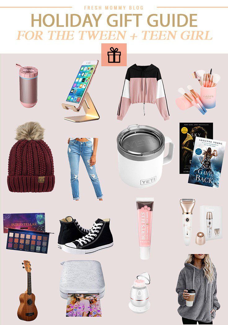 2020 holiday gift guide for the tween and teen girl | Holiday Gift Guide: Top 16 Best Gifts for Tween Girls on Amazon by top Florida lifestyle blogger, Fresh Mommy Blog: collage image of a ukulele, distressed denim, makeup pallet, books, brush set, photo printer, iphone holder, and hoodie from Amazon. 