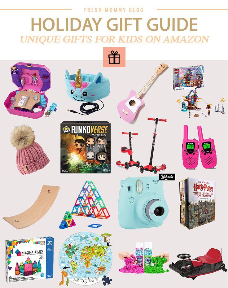 Holiday Gift Guide: Unique Christmas Gifts for Kids on Amazon by popular Florida life and style blog, Fresh Mommy Blog: collage image of pom beanie, magna tiles, Polaroid camera, Illustrated Harry Potter Book set, walkie talkies, lego set, guitar, and FunkoVerse.