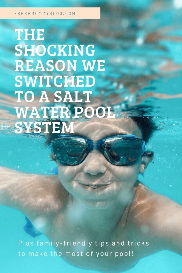 Salt water pool conversion guide featured by top Florida home blog, Fresh Mommy Blog | The Shocking Reason We Switched to a Salt Water Pool System! How to make the switch, the benefits of a salt water pool and family-friendly tips and tricks to making the most of your pool! | Hayward Aqua Rite Salt Chlorine Generator by popular Florida lifestyle blog, Fresh Mommy Blog: Pinterest image of a boy swimming underwater in a salt water pool. 