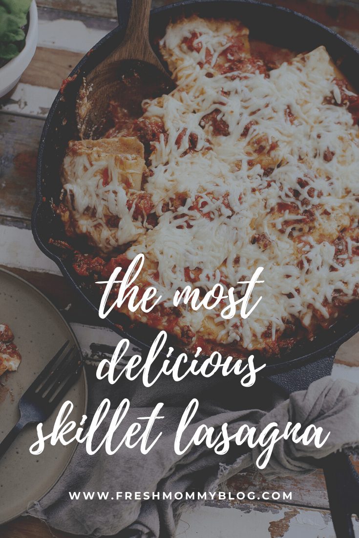 The Ultimate Cast Iron Lasagna with this lodge cast iron recipe from top Florida lifestyle blogger Tabitha Blue of Fresh Mommy Blog! Cast iron skillet cooking with kids to get family dinner on the table in 30 minutes! | Cast Iron Lasagna by popular Florida lifestyle blog, Fresh Mommy Blog: Pinterest image of cast iron lasagna. 
