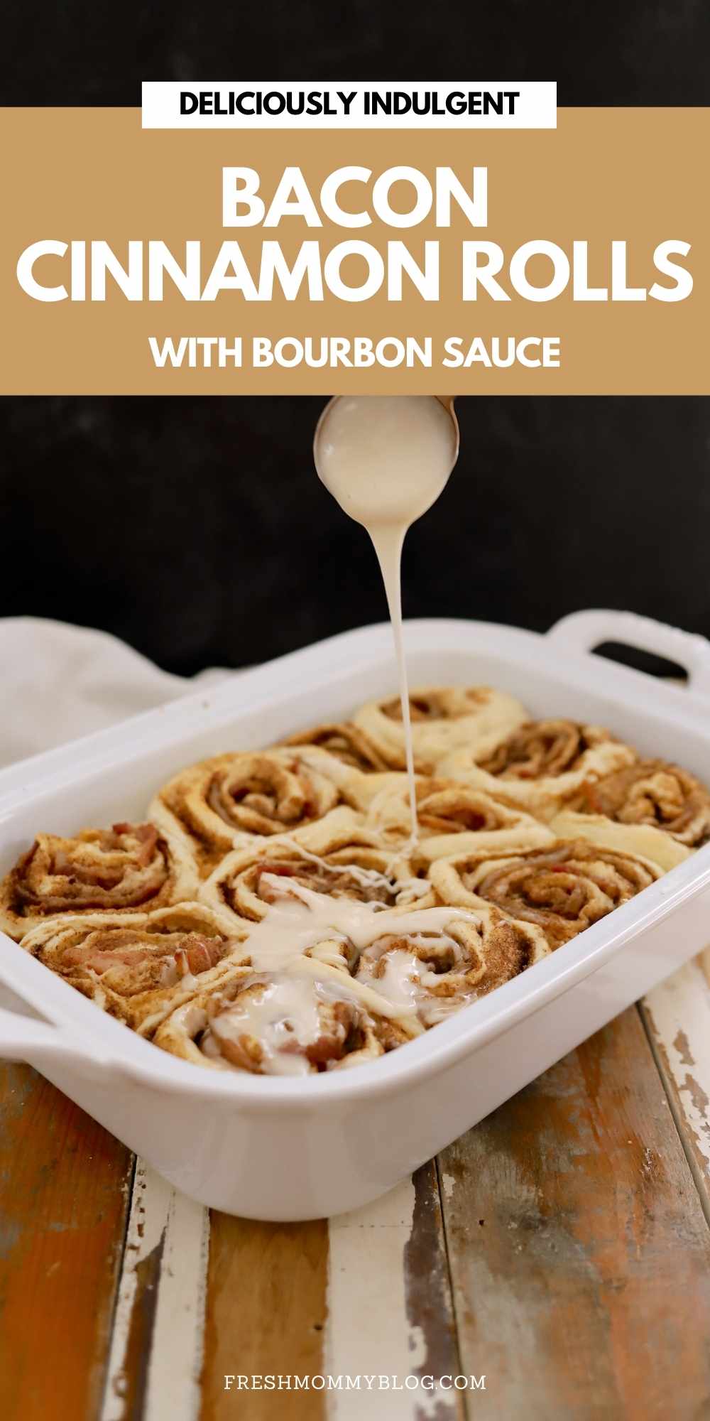 Deliciously Salty Sweet Bacon Cinnamon Rolls with Bourbon Glaze from food and lifestyle blogger Tabitha Blue of Fresh Mommy Blog | Bacon Cinnamon Rolls by popular Florida lifestyle blog, Fresh Mommy Blog: image of bacon cinnamon rolls in a white ceramic baking dish. 
