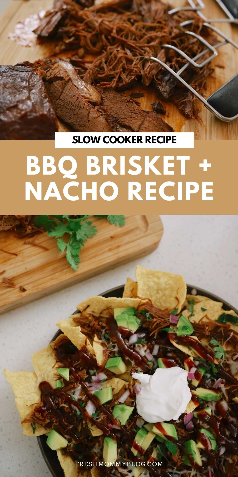 ​BBQ Brisket Slow Cooker: Easy Brisket Rub and BBQ Brisket Nacho Recipe | Slow Cooker BBQ Brisket by popular Florida lifestyle blog, Fresh Mommy Blog: Pinterest image of BBQ brisket. 