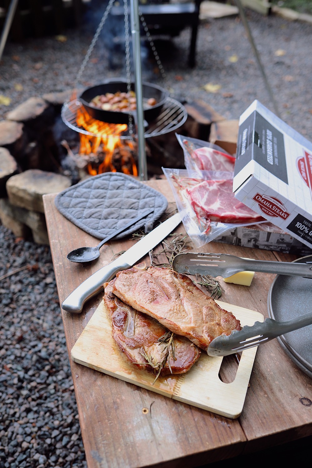Cast Iron Campfire Cooking for Delicious Bone in Pork Steak