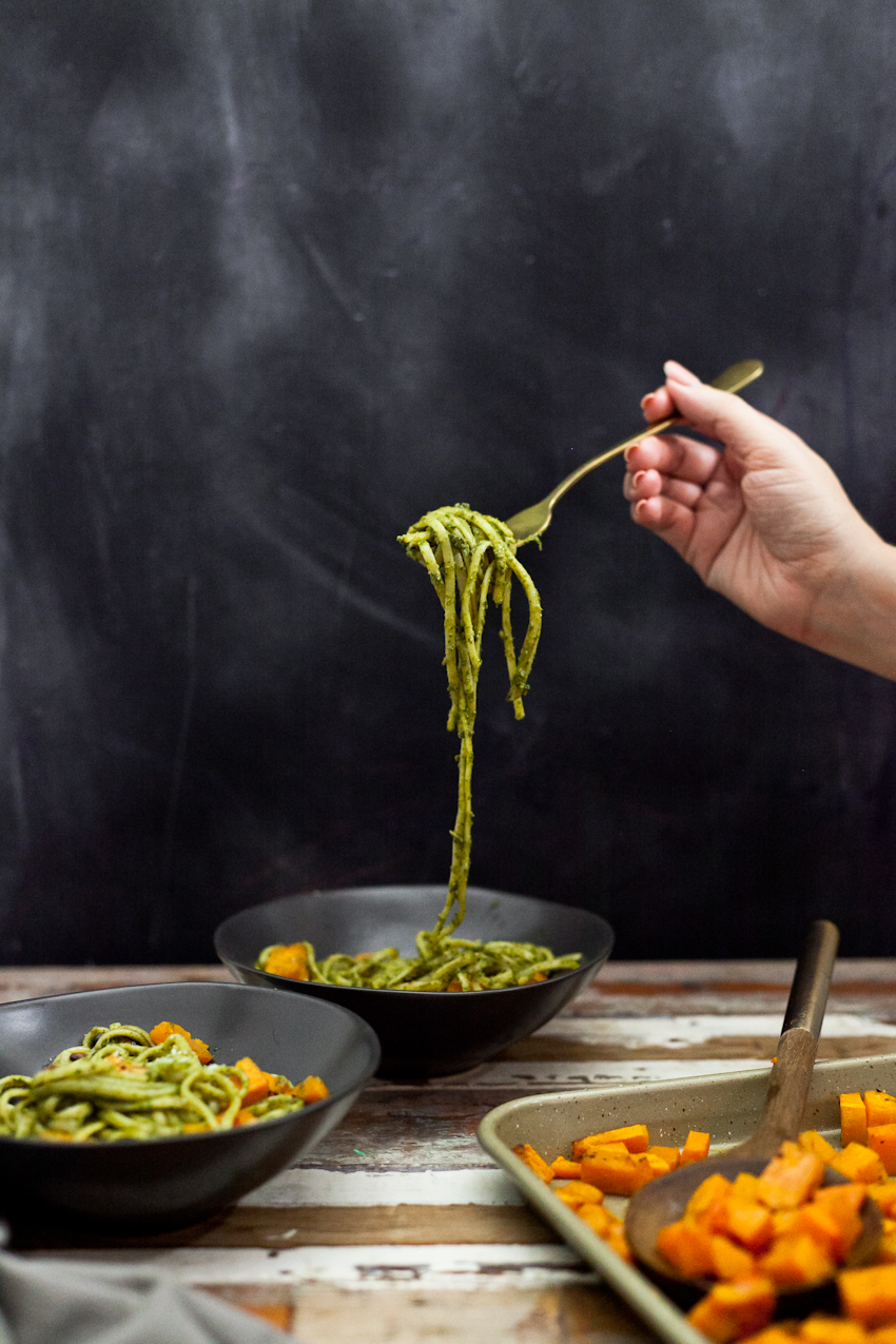 A Delicious Kale Pesto Recipe with Linguini & Butternut Squash for a deliciously satisfying vegetarian meal featured by top Florida lifestyle blog, Fresh Mommy Blog