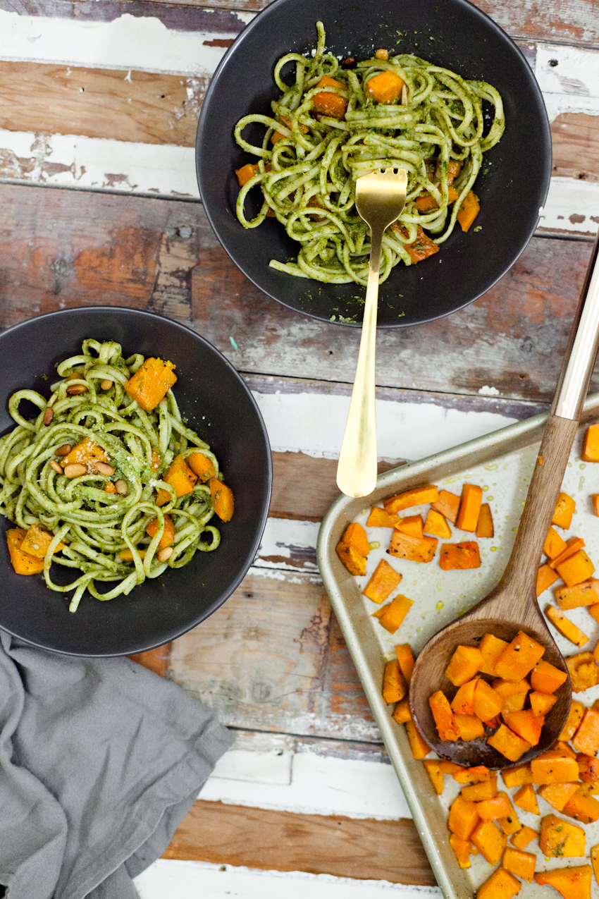 A Delicious Kale Pesto Recipe with Linguini & Butternut Squash for a deliciously satisfying vegetarian meal featured by top Florida lifestyle blog, Fresh Mommy Blog