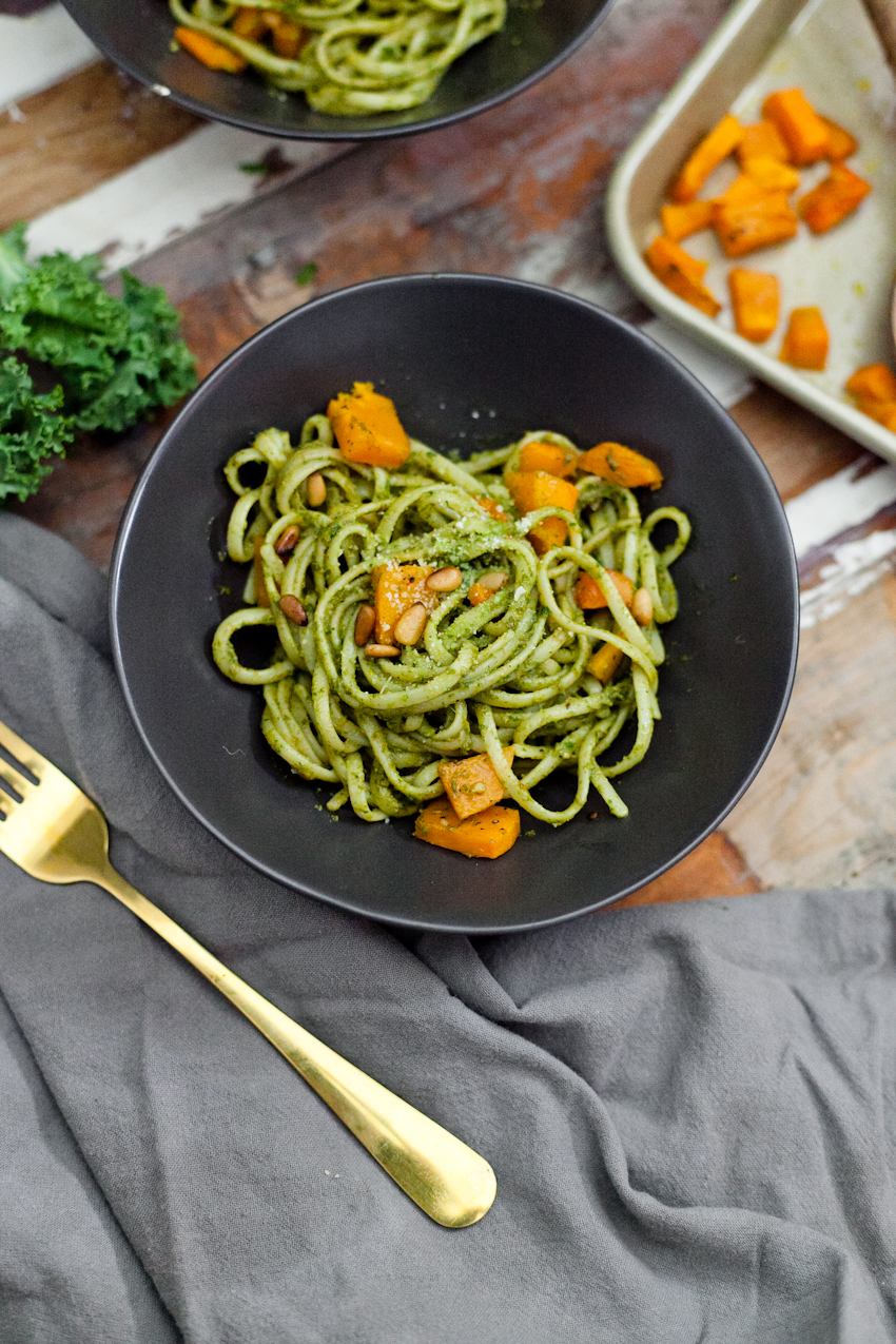 A Delicious Kale Pesto Recipe with Linguini & Butternut Squash for a deliciously satisfying vegetarian meal featured by top Florida lifestyle blog, Fresh Mommy Blog