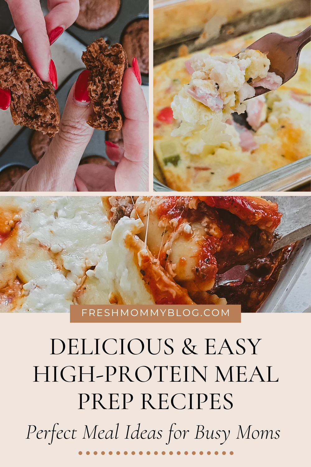3 Delicious and Easy High Protein Recipes: Chocolate Muffins, Hash Brown Egg Bake and Ravioli Lasagna.  Meal prepping will save you time, and these 3 protein packed recipes can all be prepped in one afternoon.
